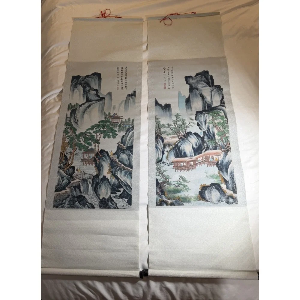 Chinese Silk Landscape Hanging Scroll Pair After Tang Yin Calligraphy Asian Art